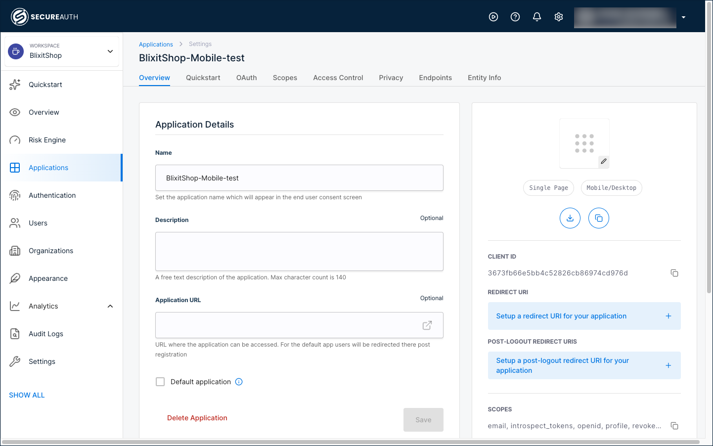 The registered application's Overview tab showing the Quickstart tab in the navigation, and the right panel with CLIENT ID and REDIRECT URI