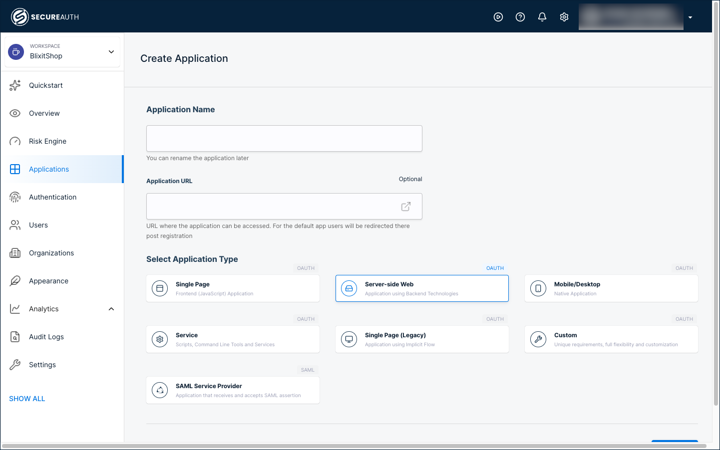 The Create Application form with Application Name, Application URL, and Select Application Type fields. Server-side Web is selected.