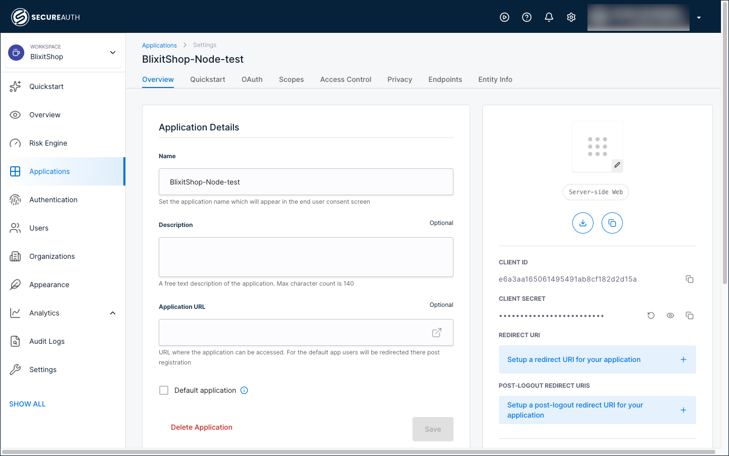 The registered application's Overview tab showing the Quickstart tab in the navigation, and the right panel with CLIENT ID, CLIENT SECRET, and REDIRECT URI