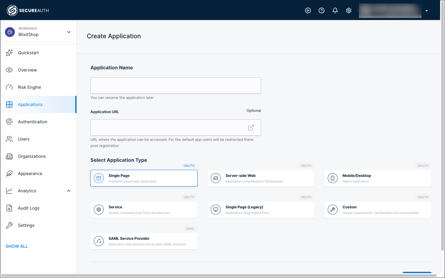 The Create Application form with Application Name, Application URL, and Select Application Type fields. Single Page is selected.