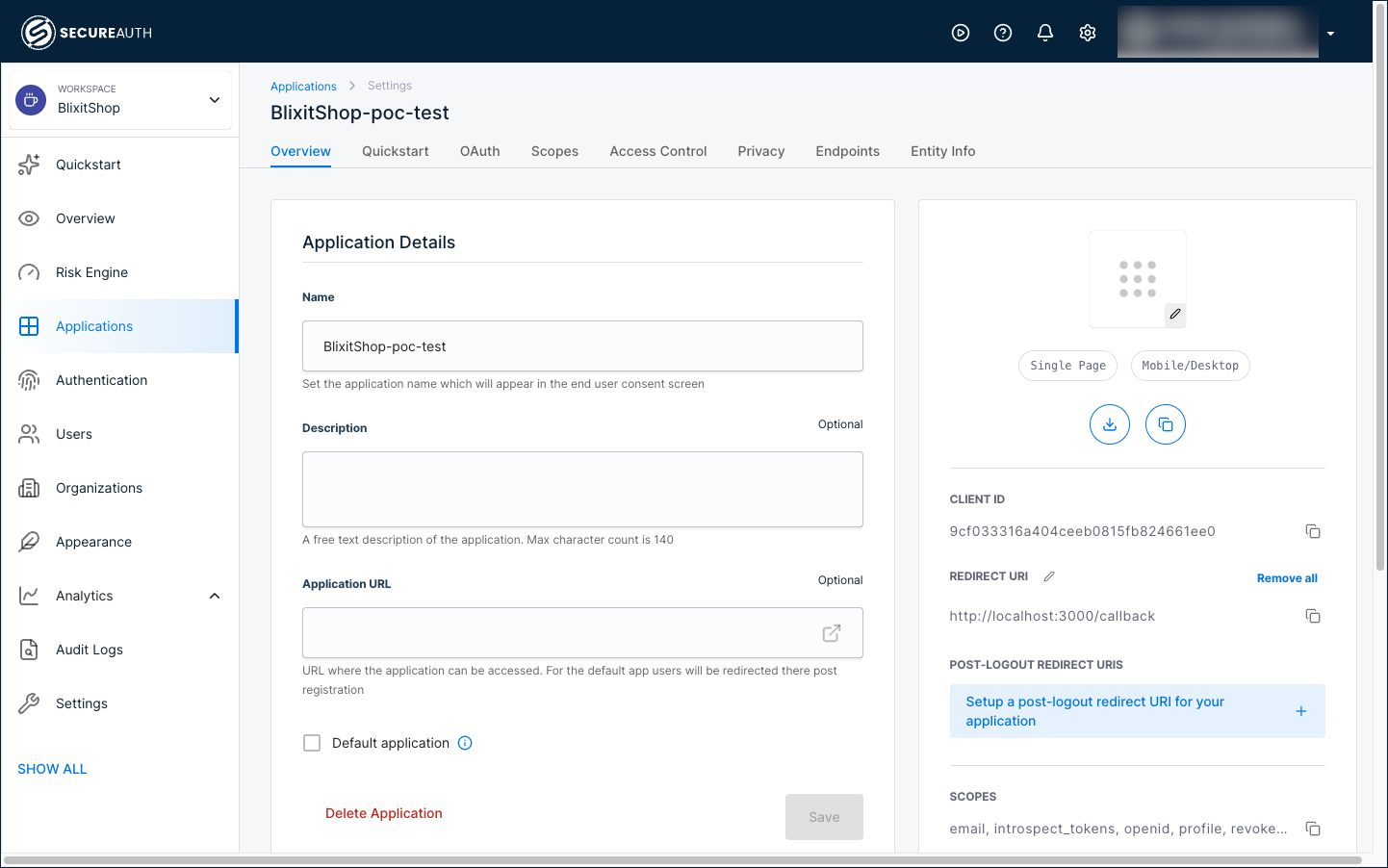 The registered application's Overview tab showing the Quickstart tab in the navigation, and the right panel with CLIENT ID, REDIRECT URI, and Scopes