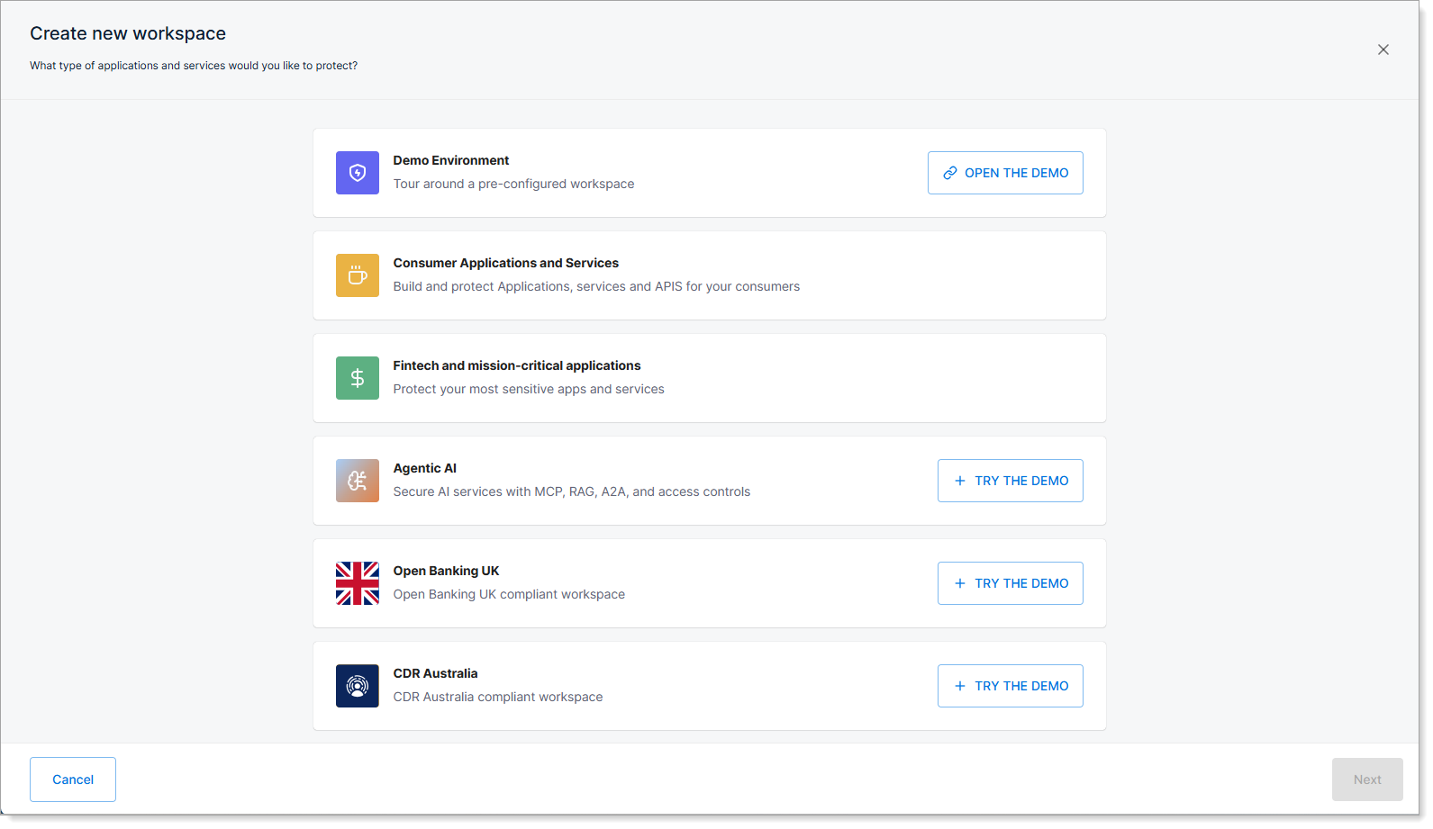 SecureAuth workspace creation interface showing Agentic AI workspace template selection