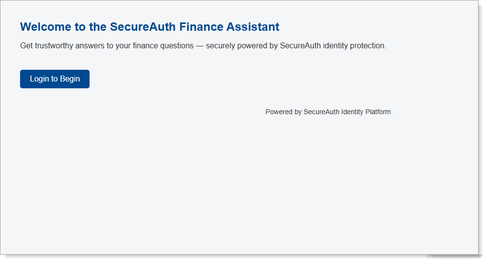 Finance Assistant demo app login screen with Login to Begin button