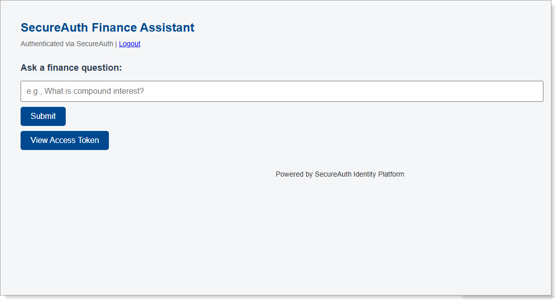 Finance Assistant interface with text input field for asking questions