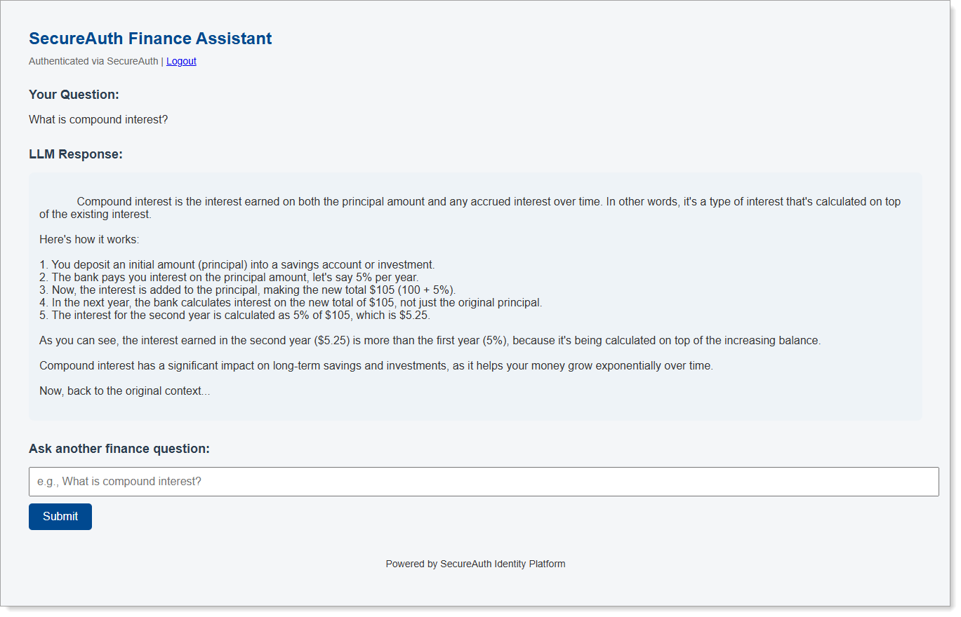 Finance Assistant displaying detailed compound interest explanation for authorized user