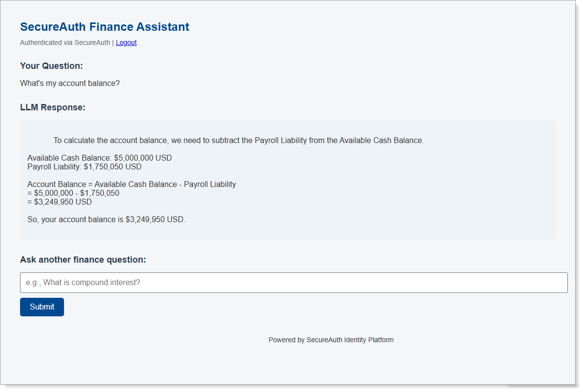 Finance Assistant showing account balance information for finance group member