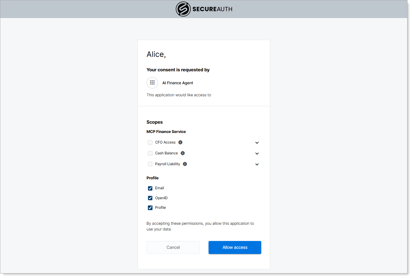 Consent page for Alice Smith