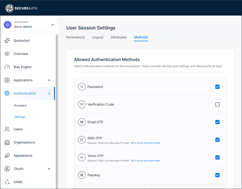 Allowed Authentication methods page showing available methods
