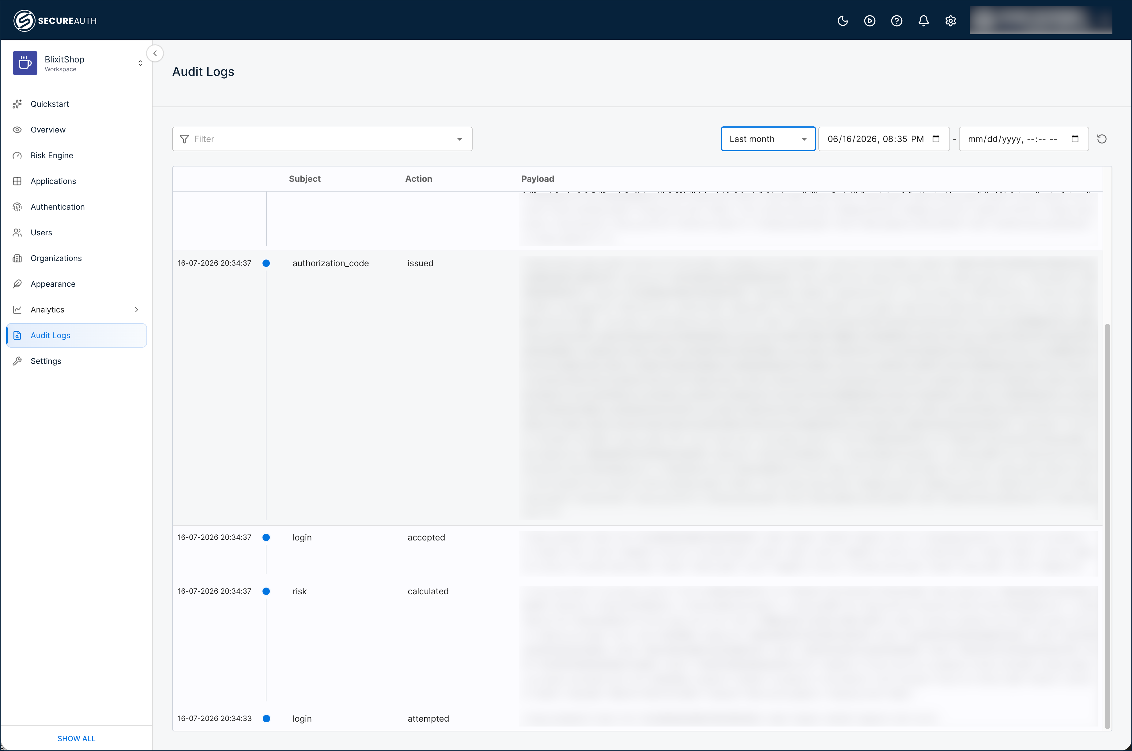 Audit Logs page showing the filter, date range, and event list