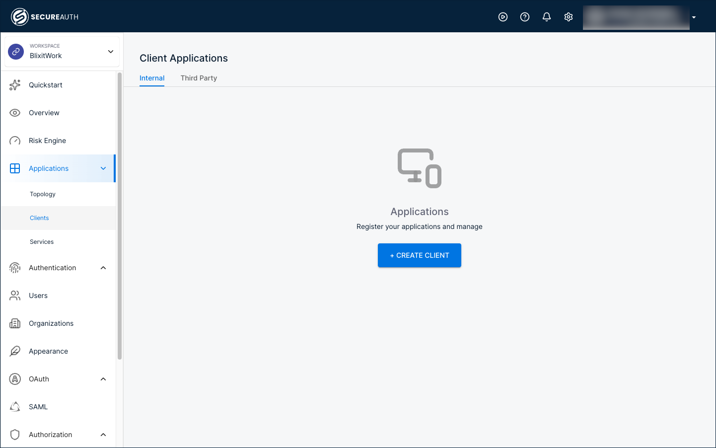 Client Applications page showing the Internal and Third Party tabs and a Create Client button
