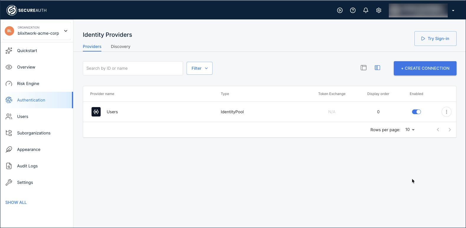 Identity Providers page in an organization showing the Providers tab with the built-in Users identity pool and a + Create Connection button
