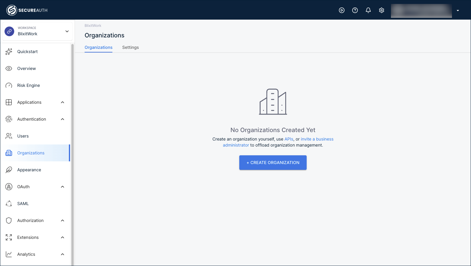 Organizations page in its empty state with a Create Organization button