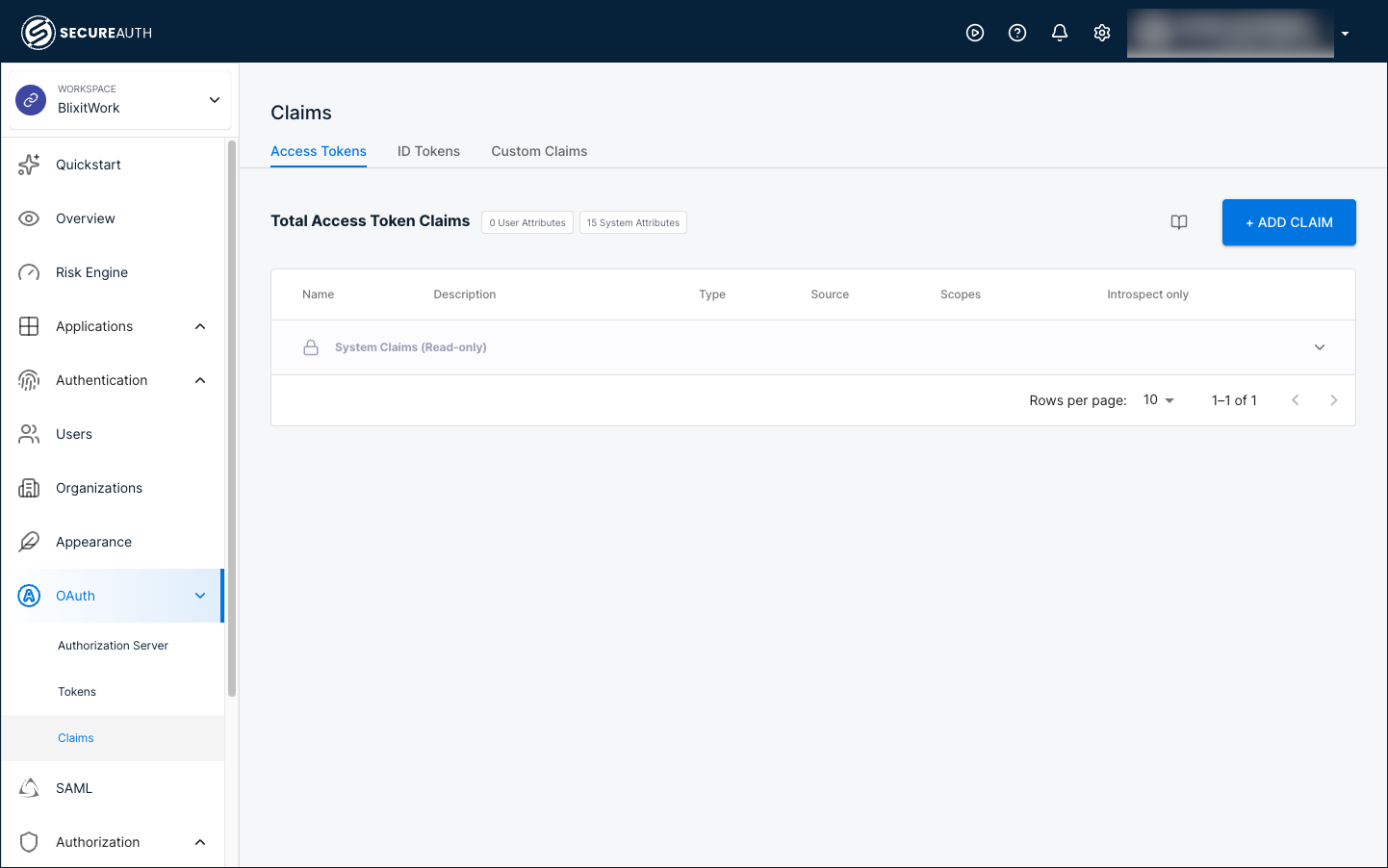 OAuth Claims page in a workspace showing the Access Tokens tab and a System Claims row