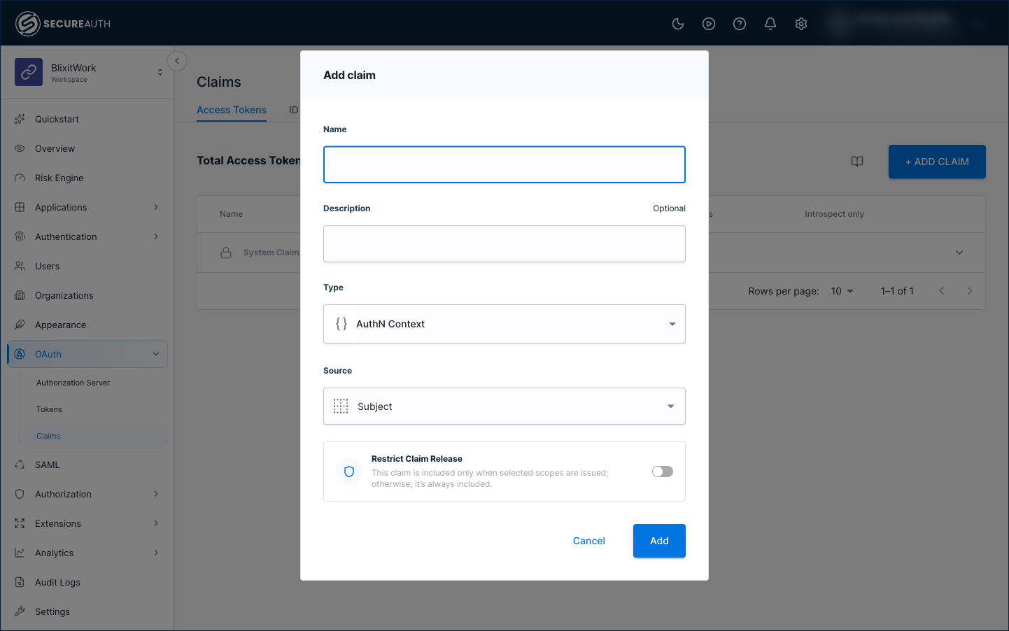 Add Claim dialog showing Name, Description, Type, Source, and the Restrict Claim Release toggle