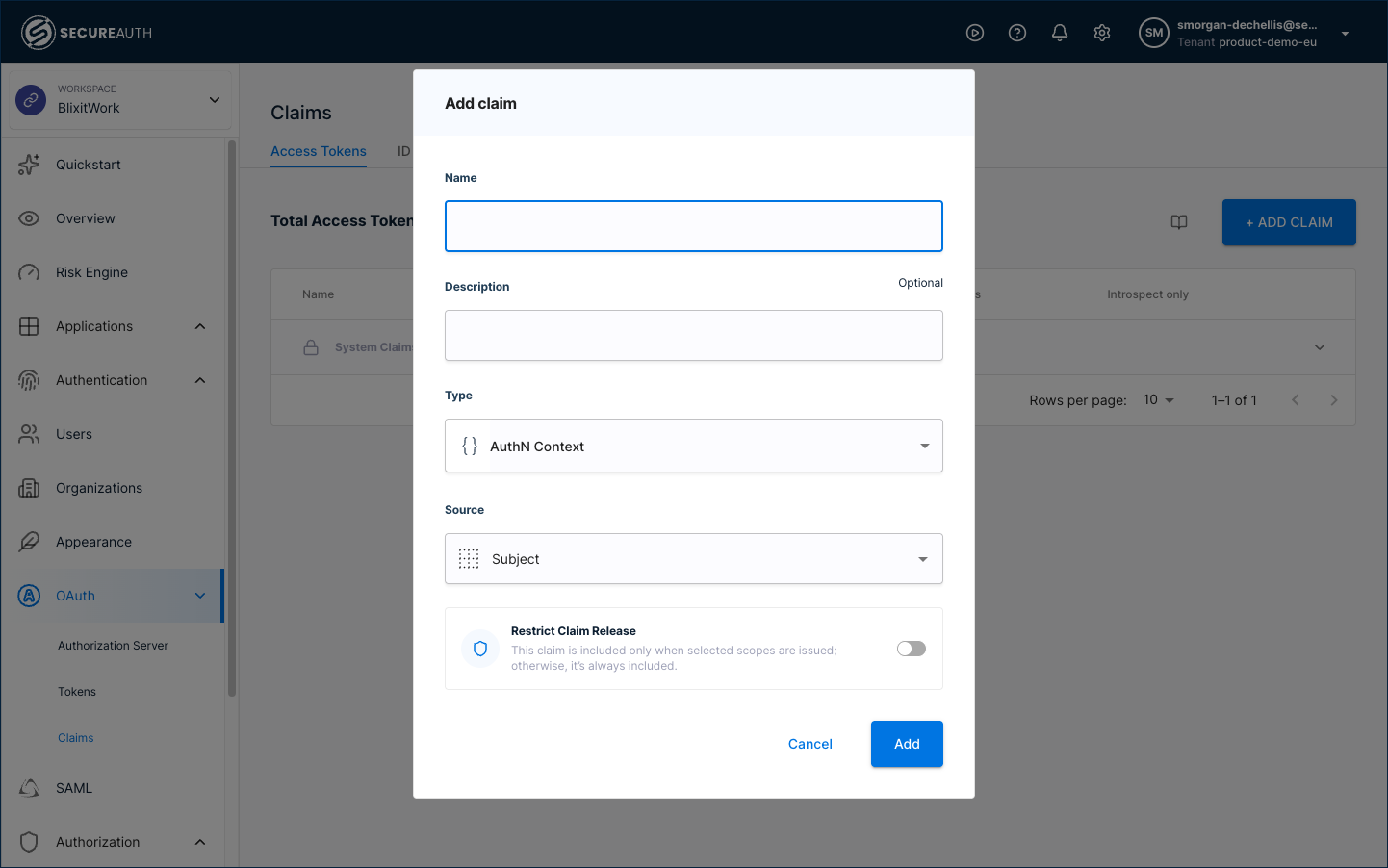 Add Claim dialog showing Name, Description, Type, Source, and the Restrict Claim Release toggle
