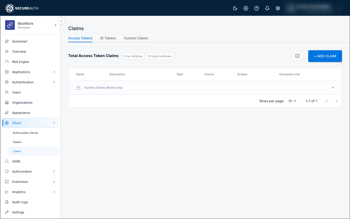 Claims landing page on the Access Tokens tab