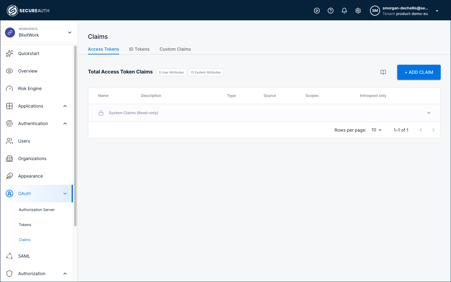 Claims landing page on the Access Tokens tab