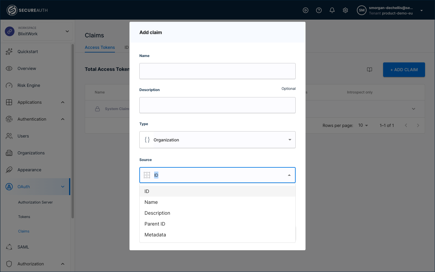 Add Claim dialog with Type set to Organization and Source set to ID