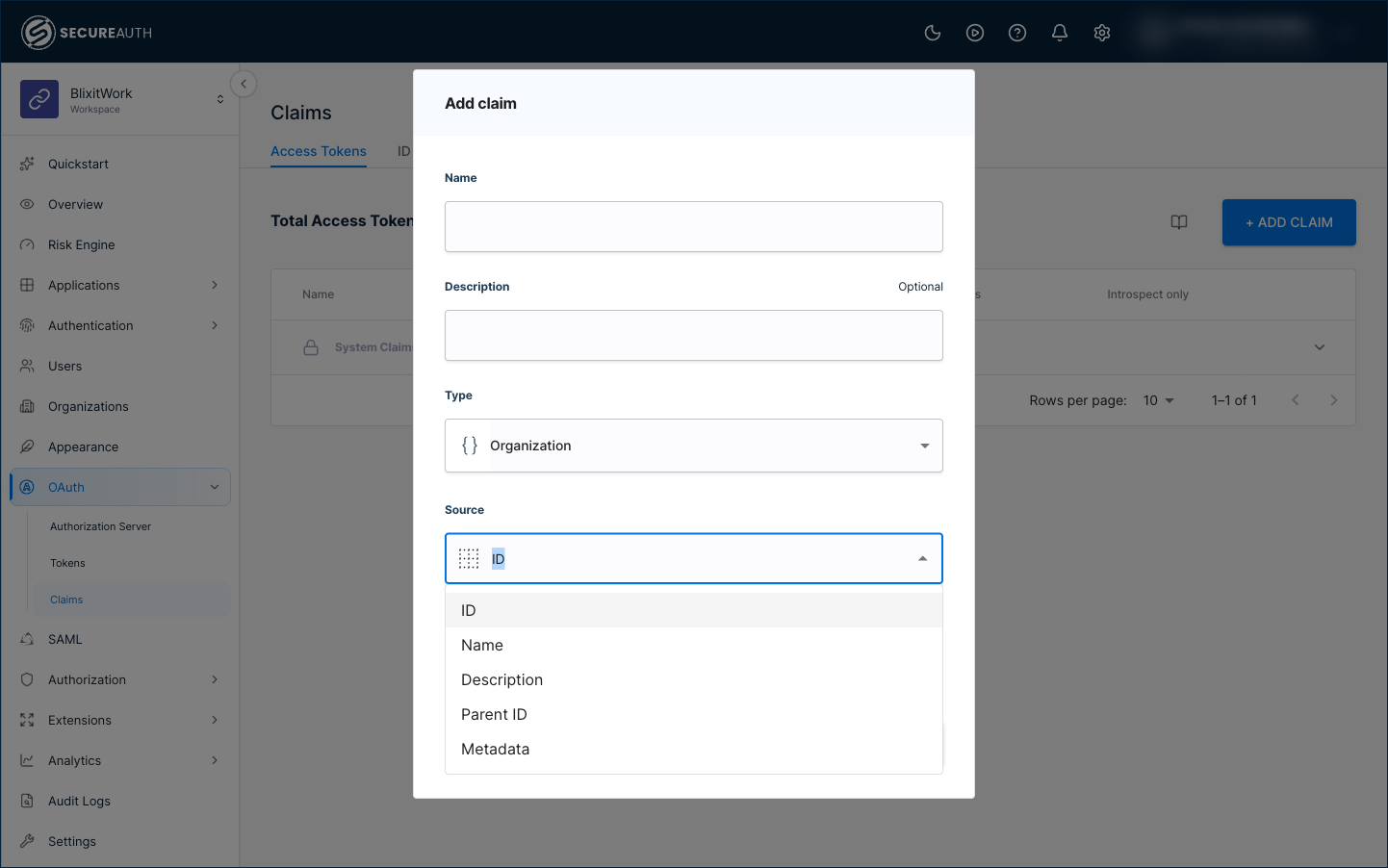 Add Claim dialog with Type set to Organization and Source set to ID