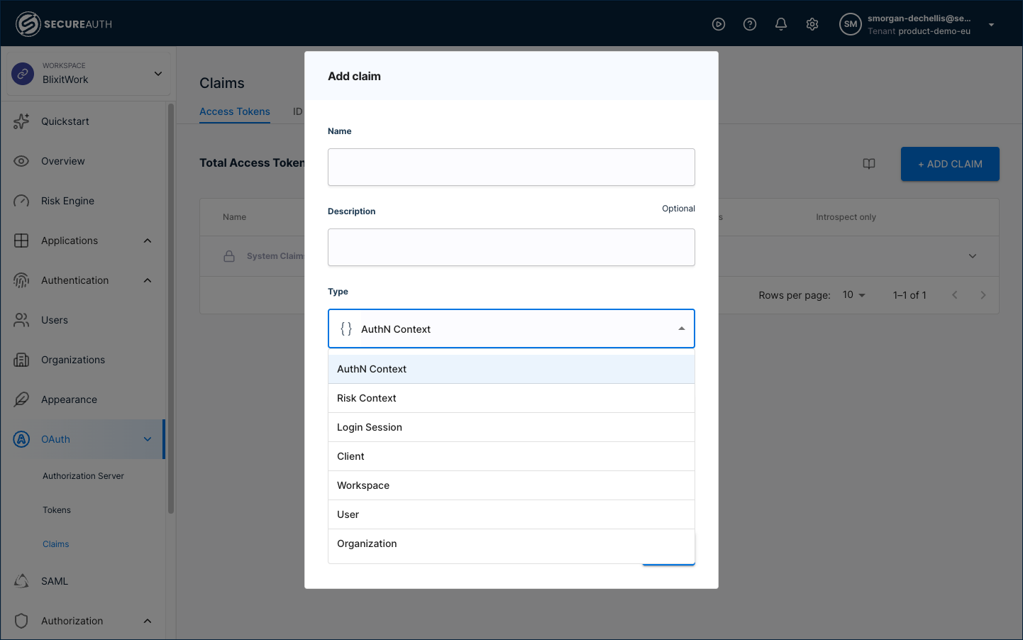 Type dropdown expanded showing the seven Type options