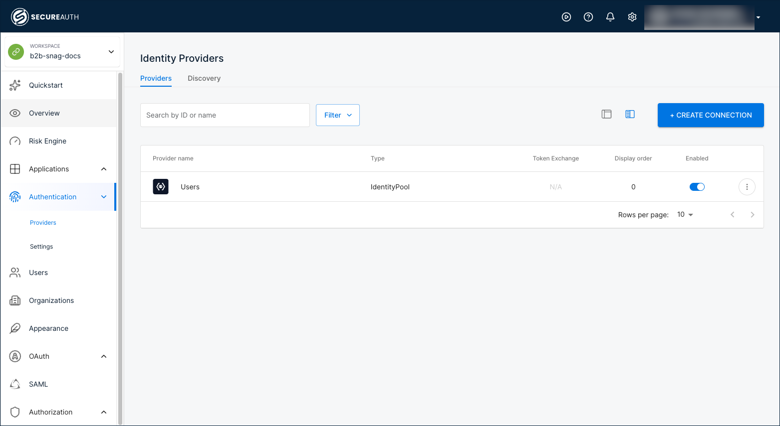 Identity Providers page with Create Connection button