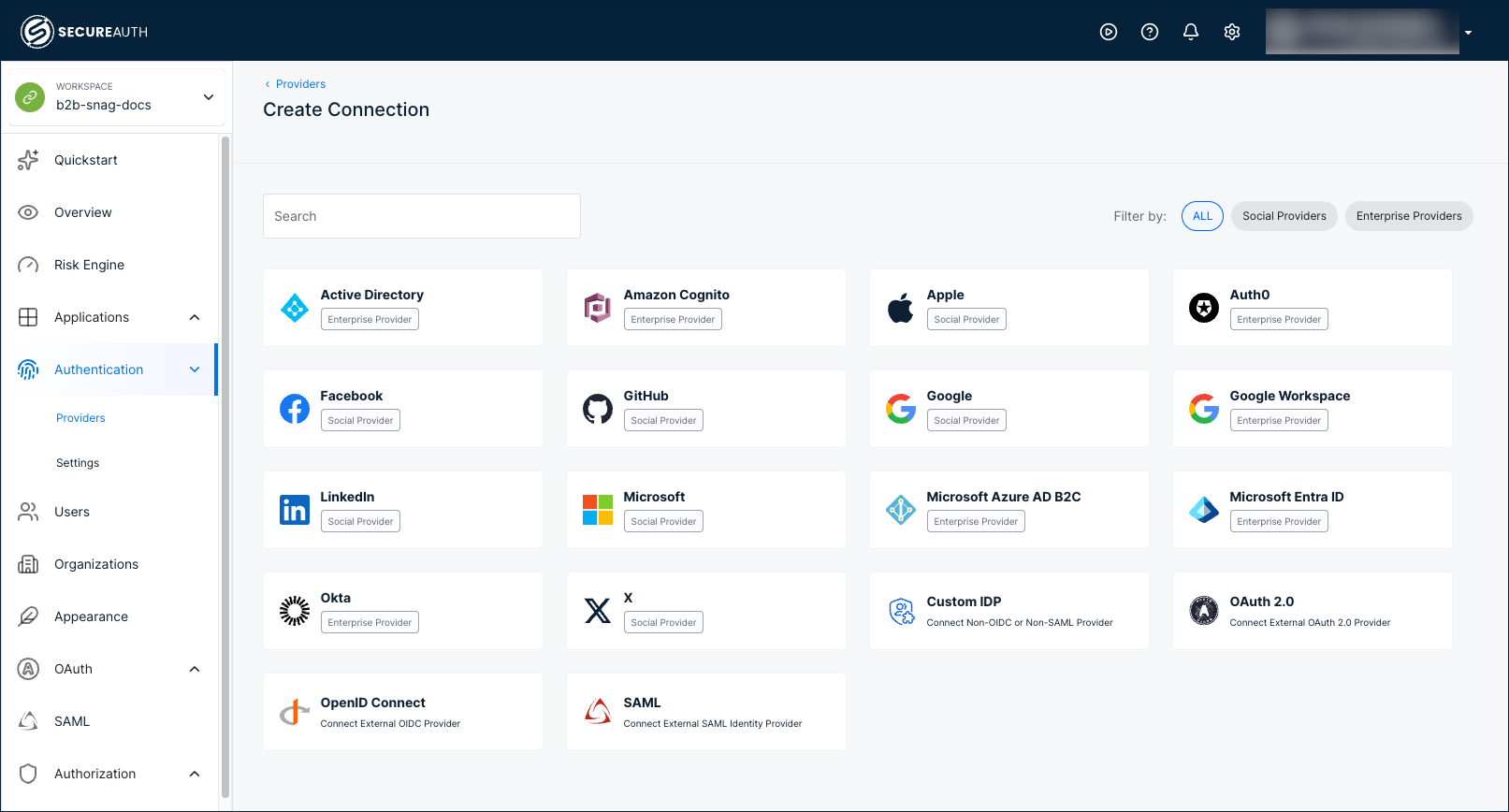 Create Connection page with identity provider tiles