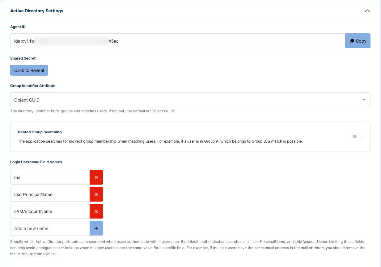 Active Directory Settings section with agent credentials and login attributes