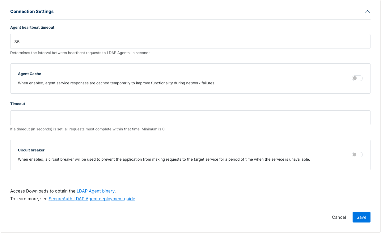 Connection Settings section with timeouts and LDAP Agent download link