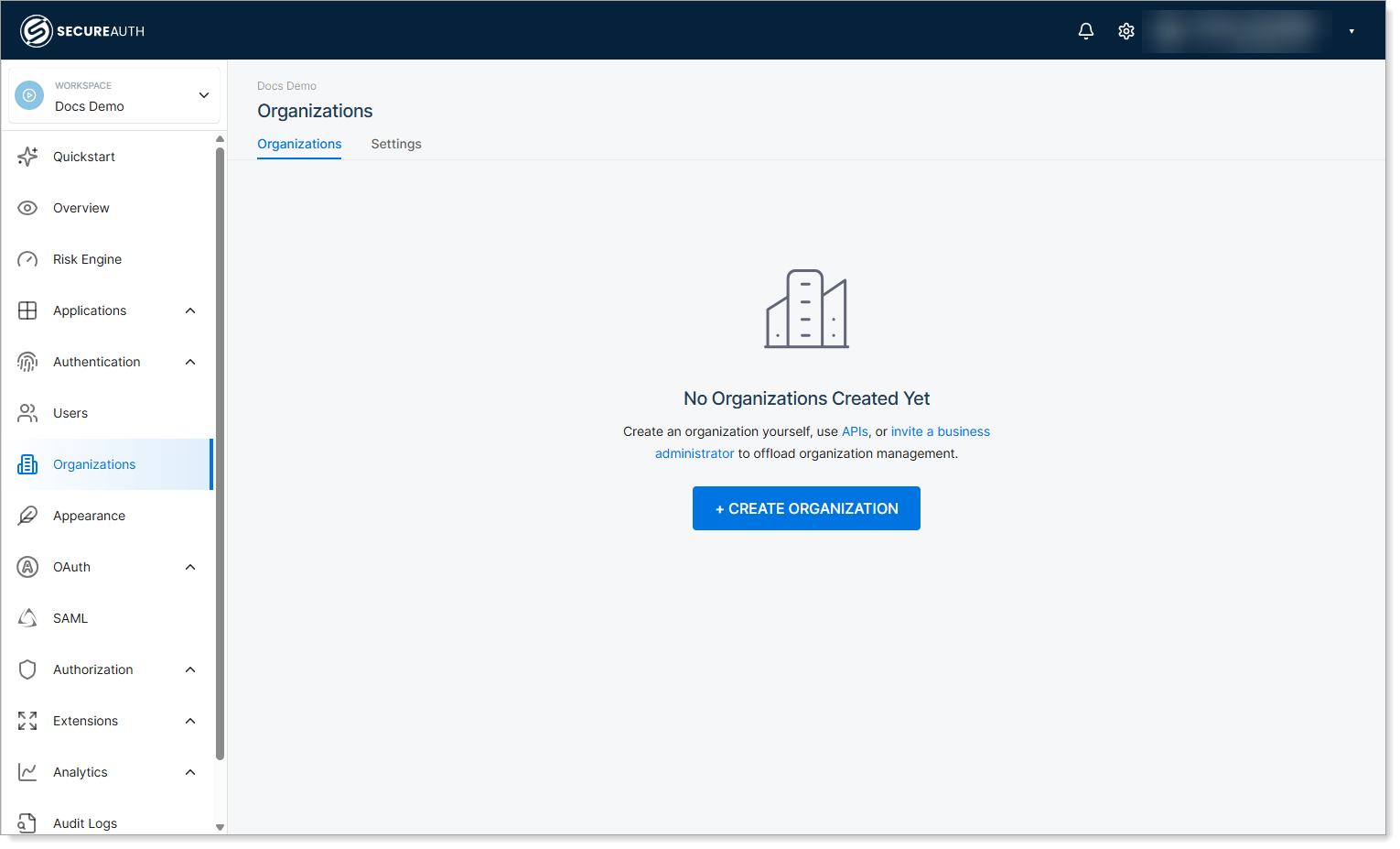 Organizations page with create button