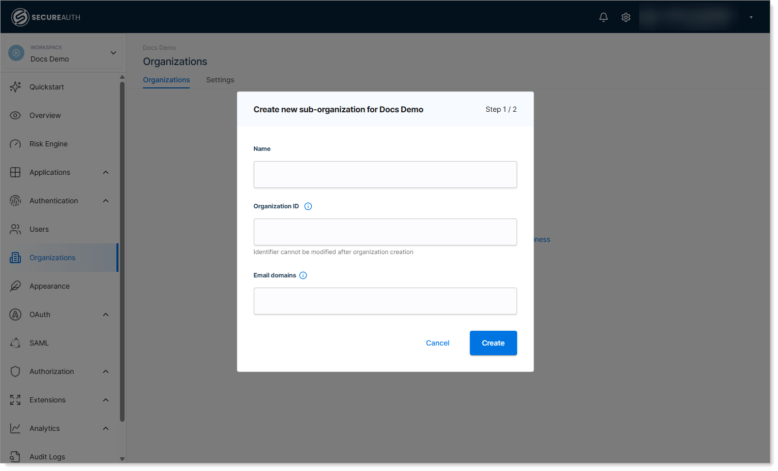 Create organization dialog - Step 1