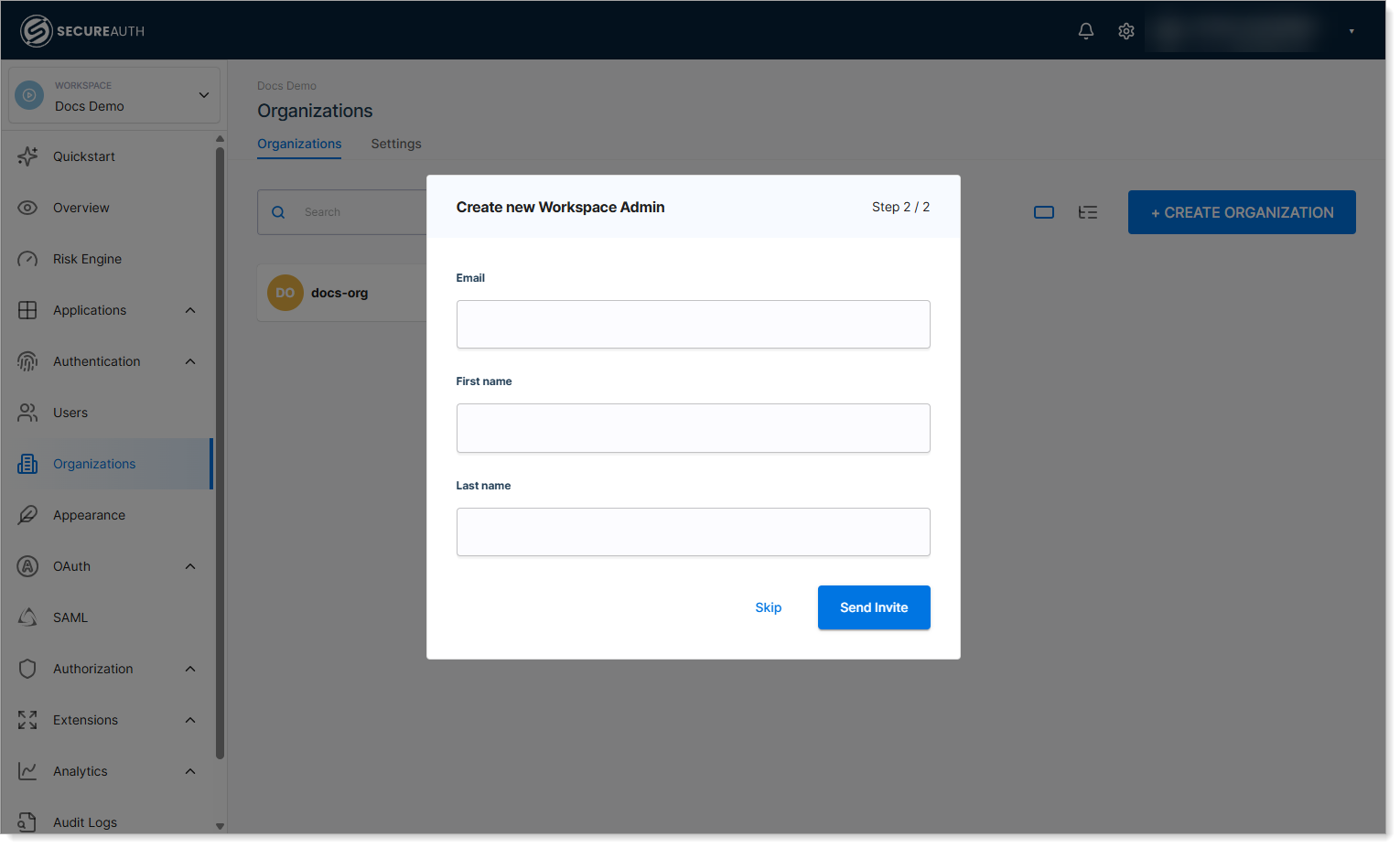 Create workspace admin dialog - Step 2