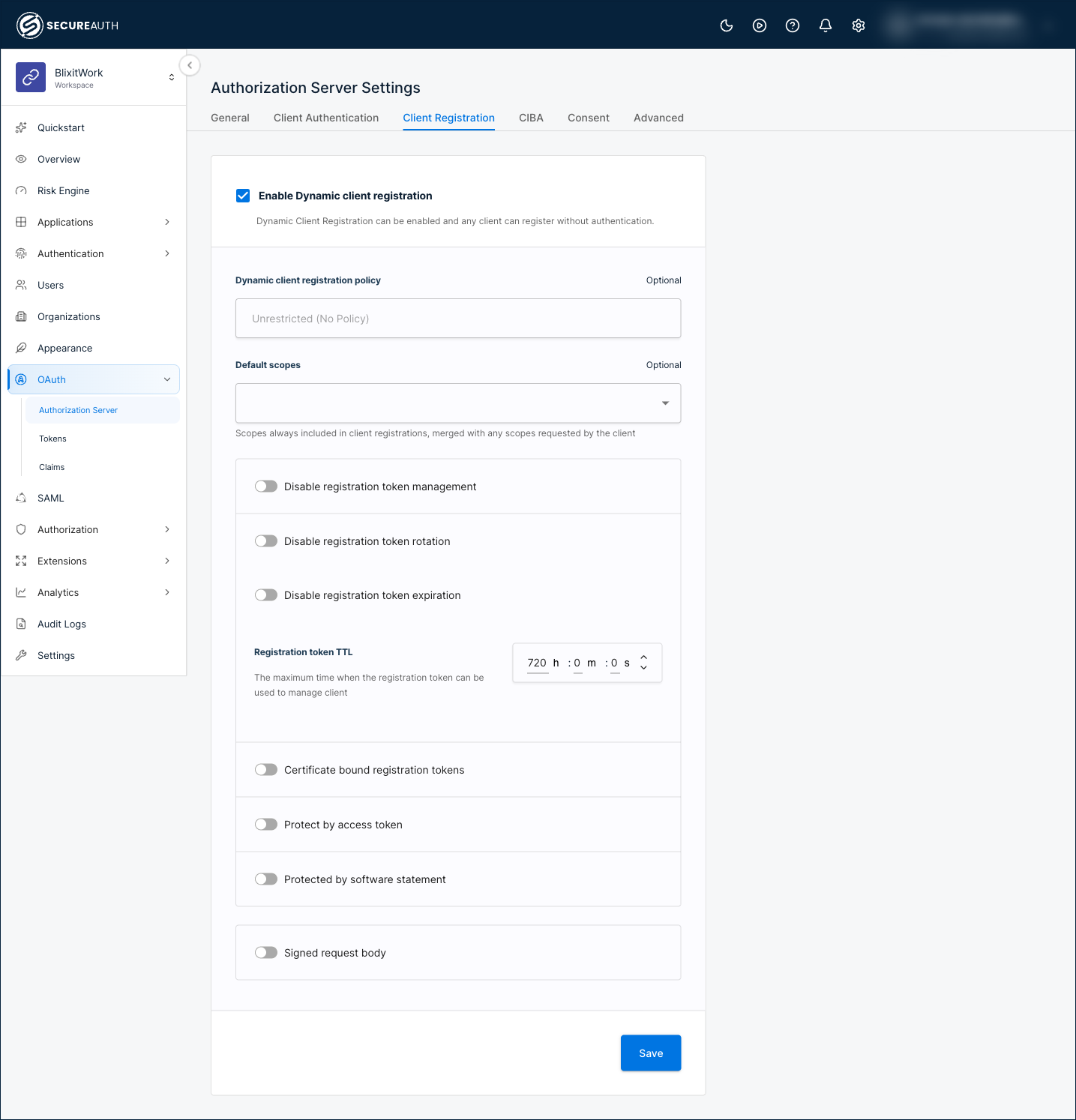 Client Registration tab with Dynamic client registration enabled, showing the DCR settings