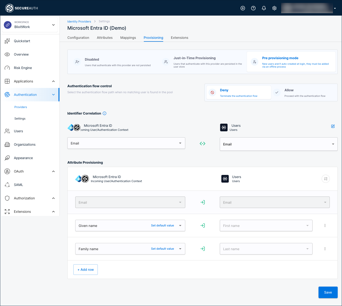 The Provisioning tab with Pre provisioning mode selected, showing Authentication flow control, Identifier Correlation, and Attribute Provisioning