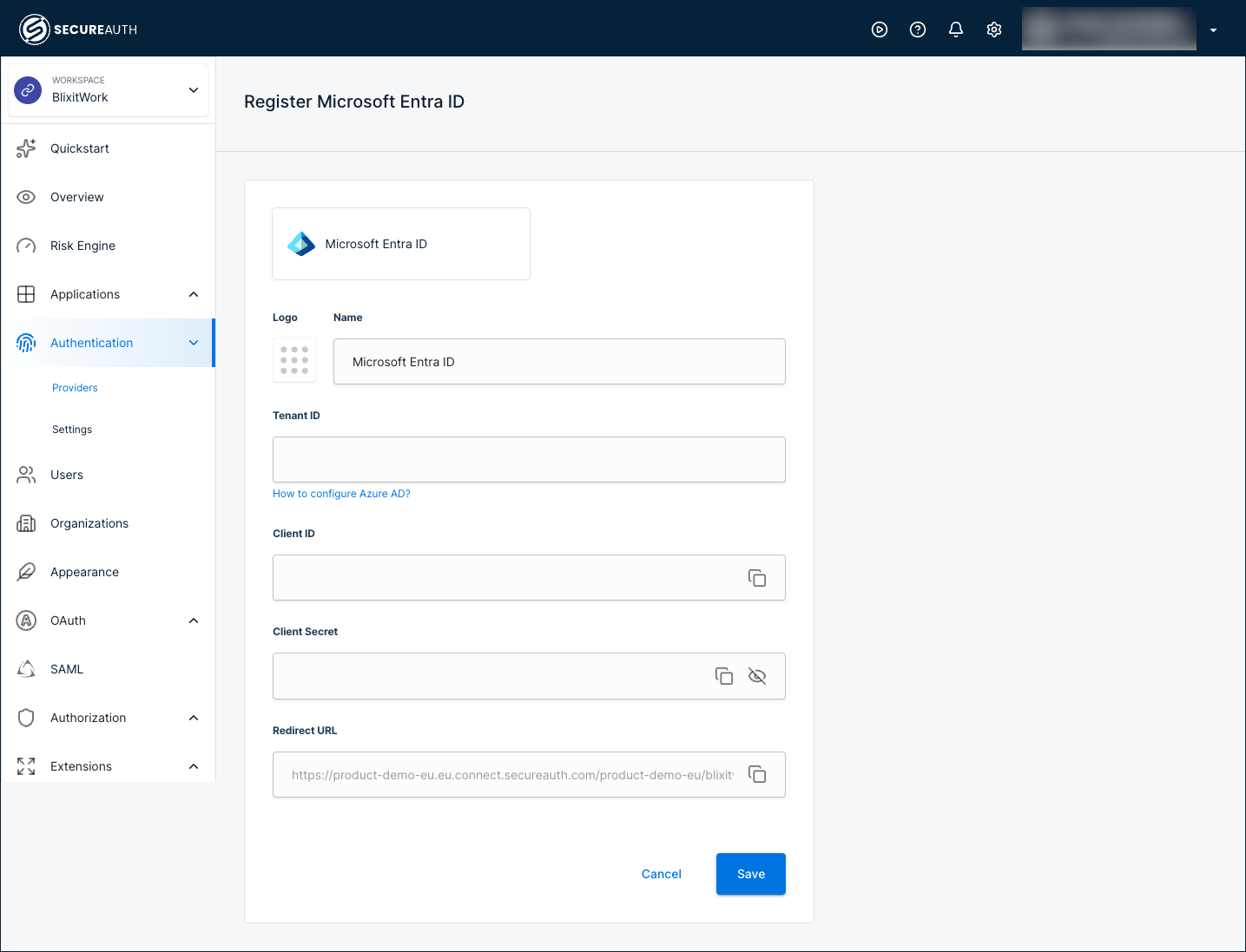 The Register Microsoft Entra ID form with the Name, Tenant ID, Client ID, Client Secret, and Redirect URL fields