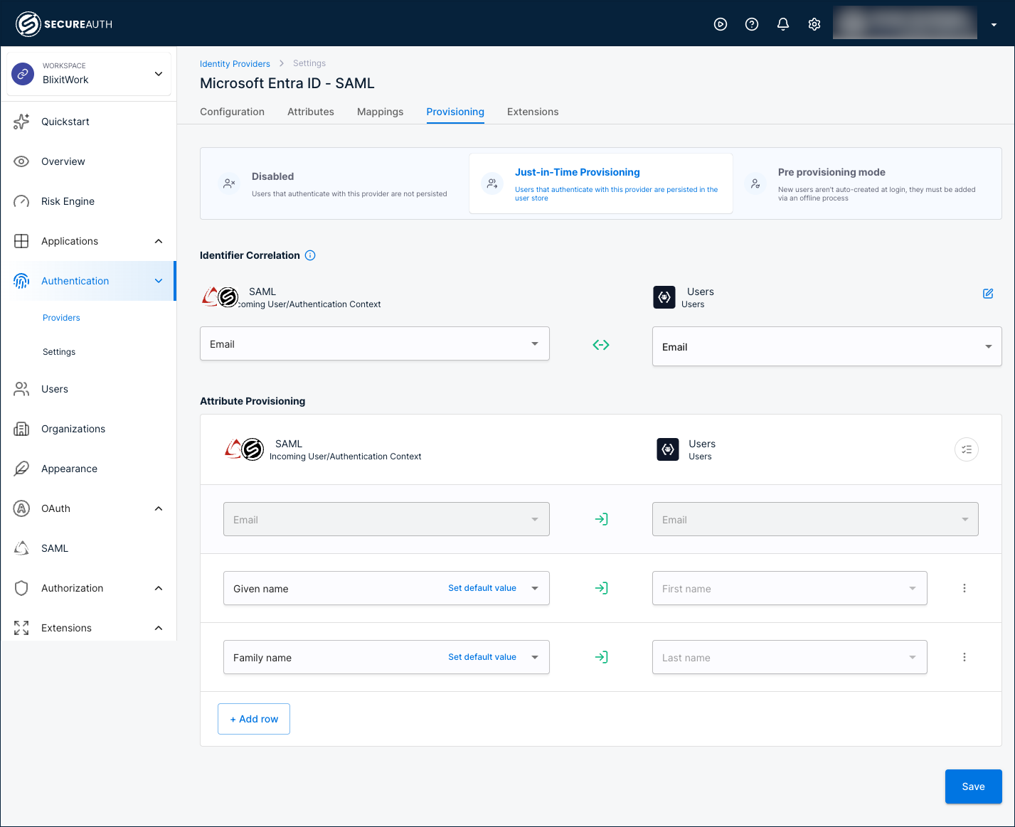 The Provisioning tab with Just-in-Time Provisioning selected, showing Identifier Correlation and Attribute Provisioning