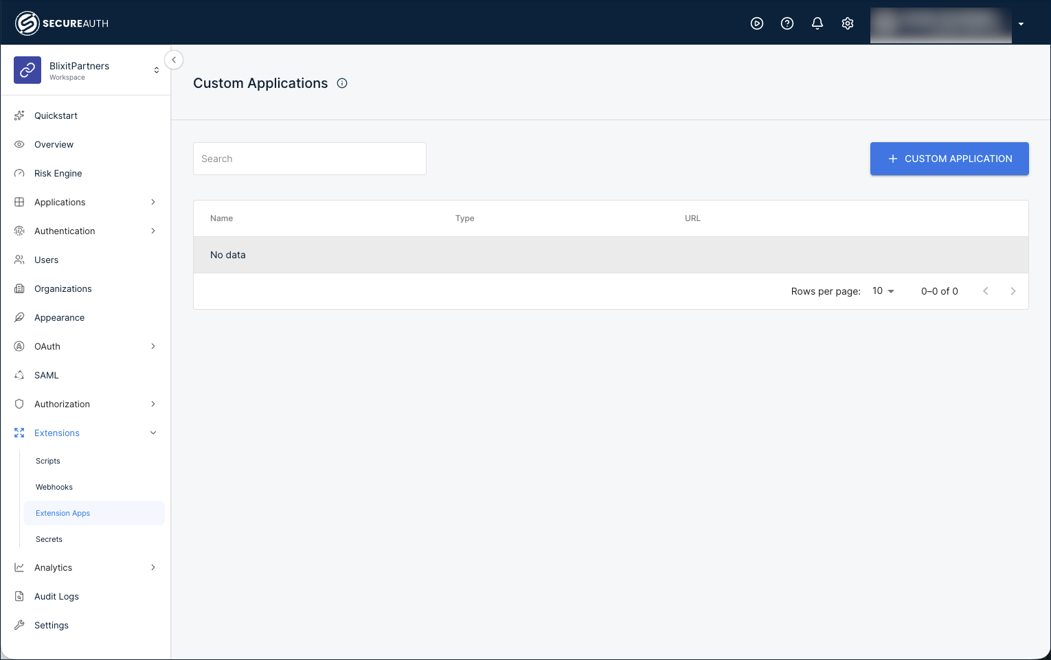 Custom Applications list in Extension Apps with the + Custom Application button