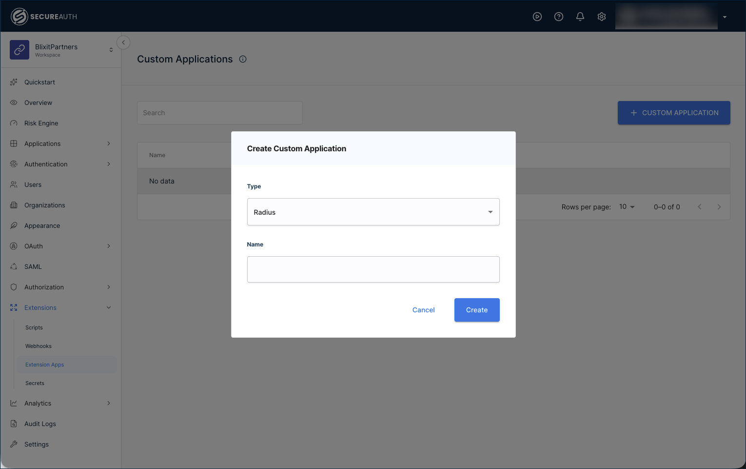 Create Custom Application dialog with Radius selected as the type