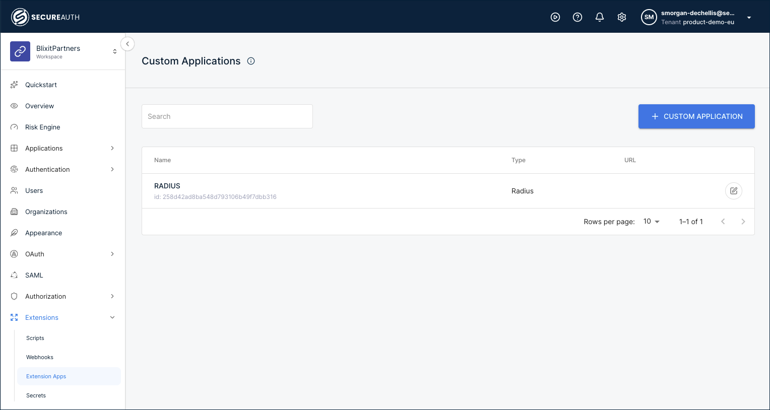 Custom Applications list showing the new RADIUS extension app