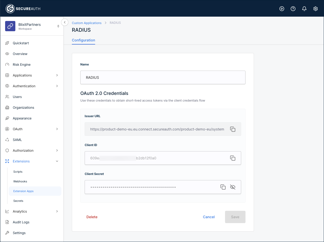 Configuration tab with the OAuth 2.0 Credentials section showing Issuer URL, Client ID, and Client Secret
