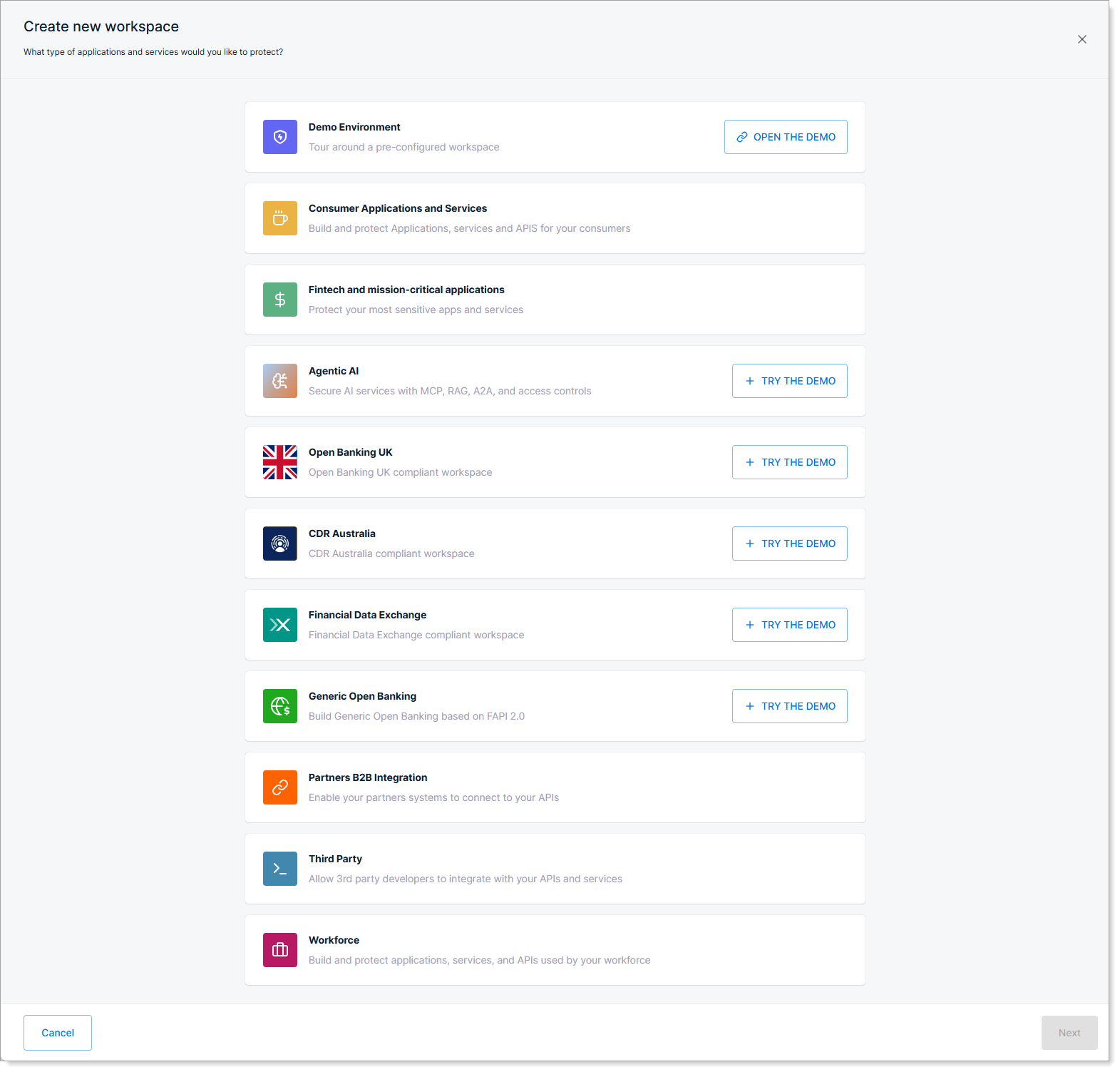 Workspace type selection screen showing available templates