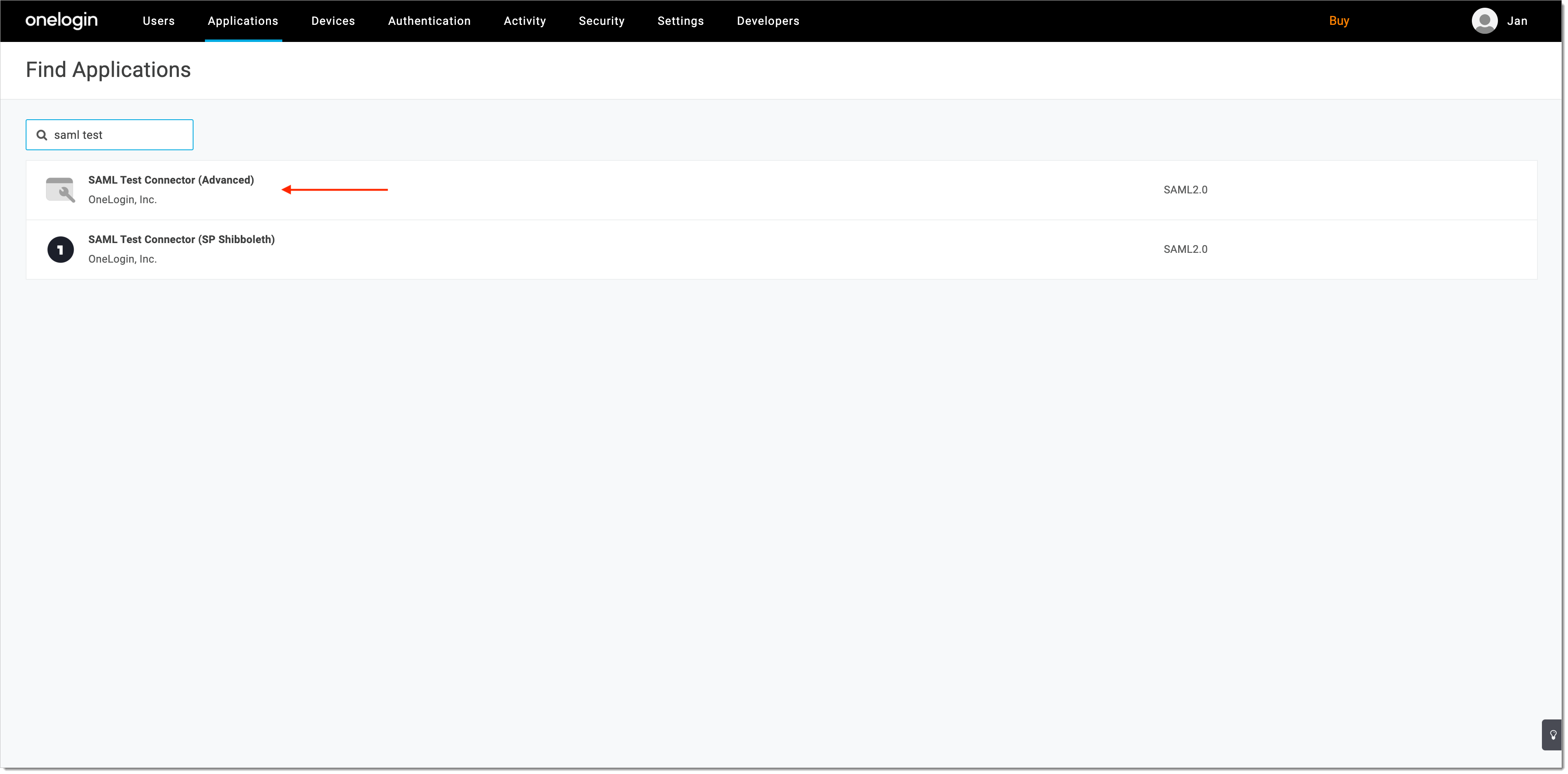 OneLogin Find Application search showing SAML Test Connector (Advanced) option