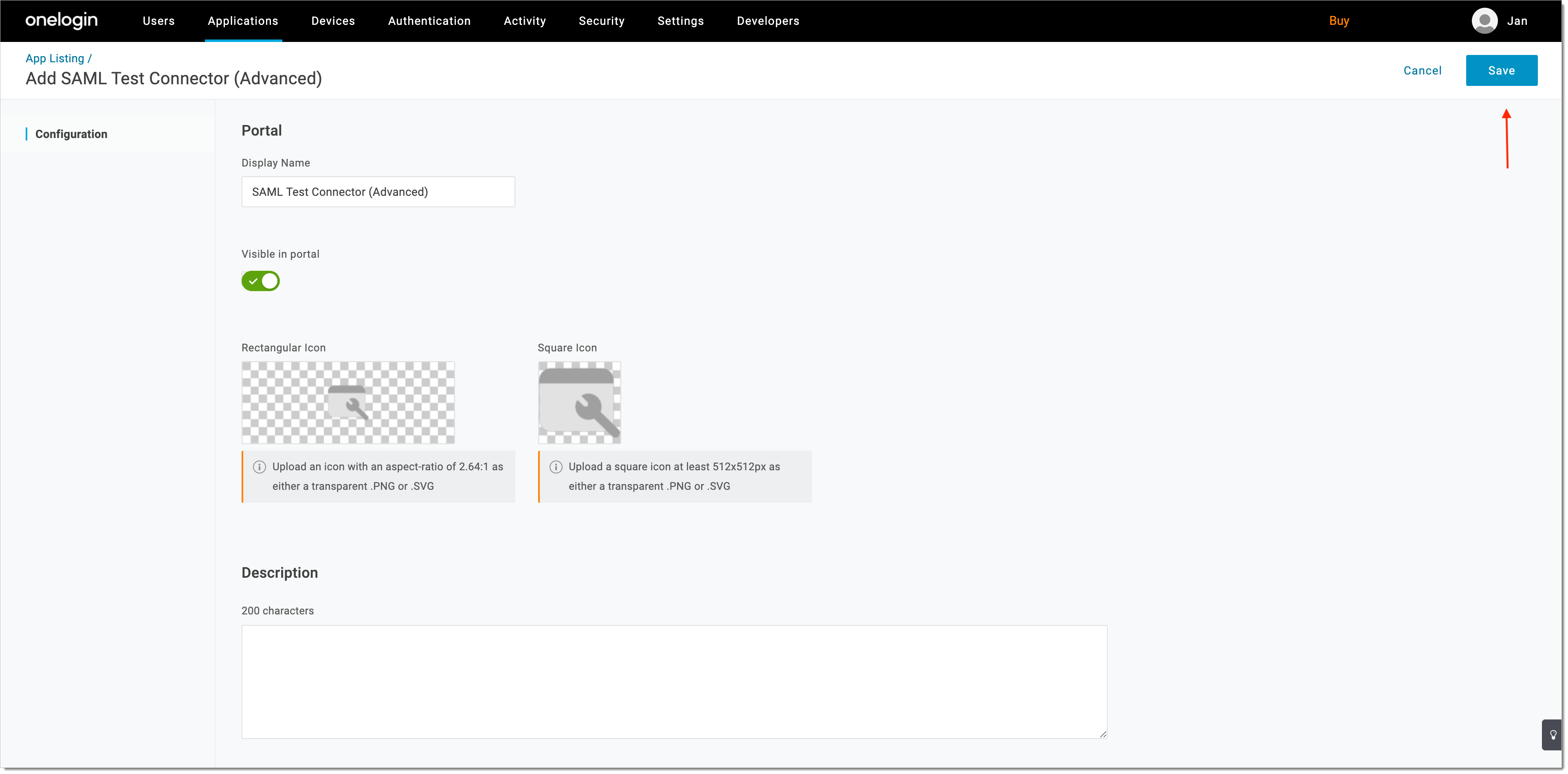 OneLogin application configuration page with Save button highlighted