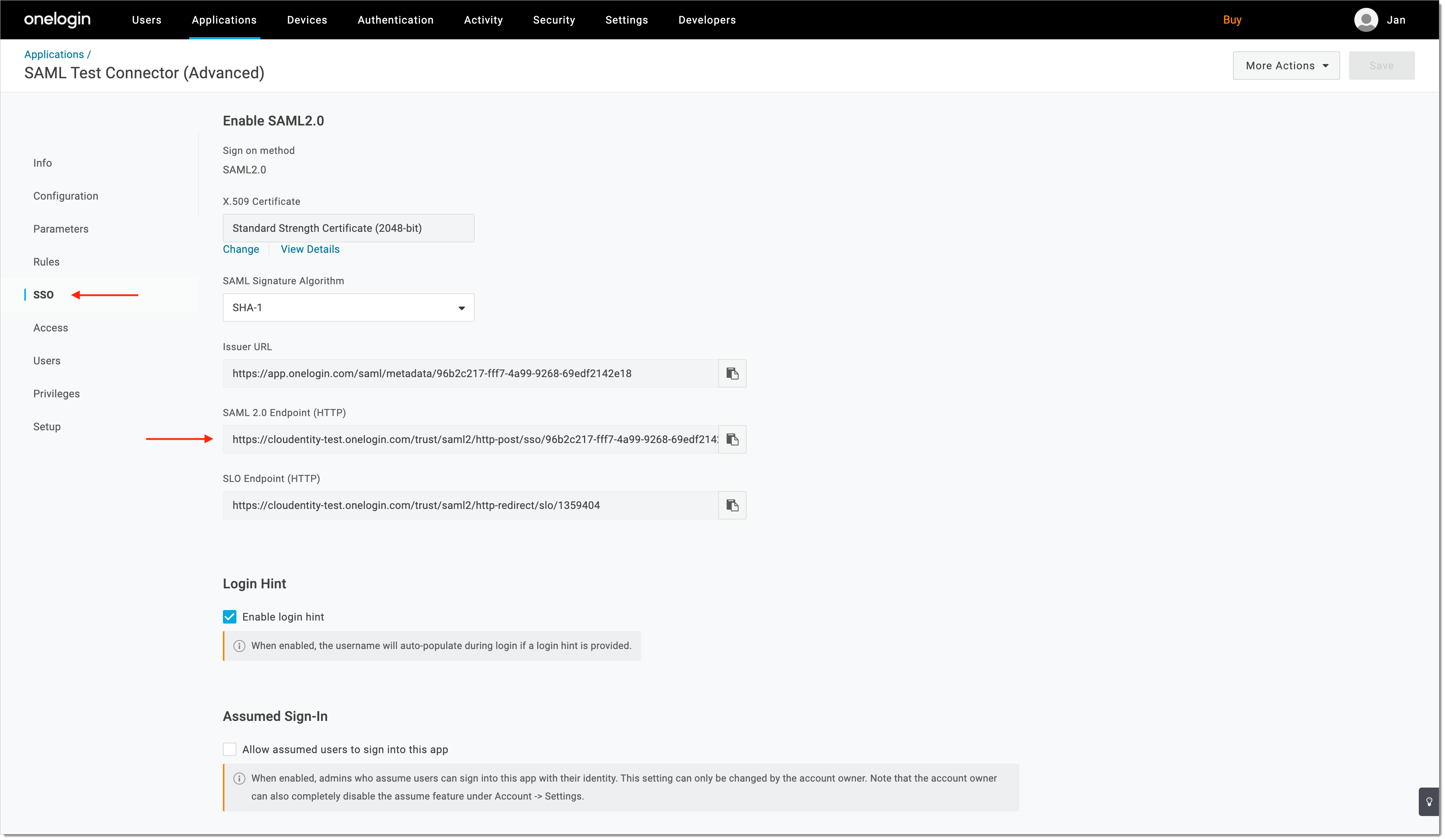 OneLogin SSO tab displaying SAML 2.0 endpoint URL field