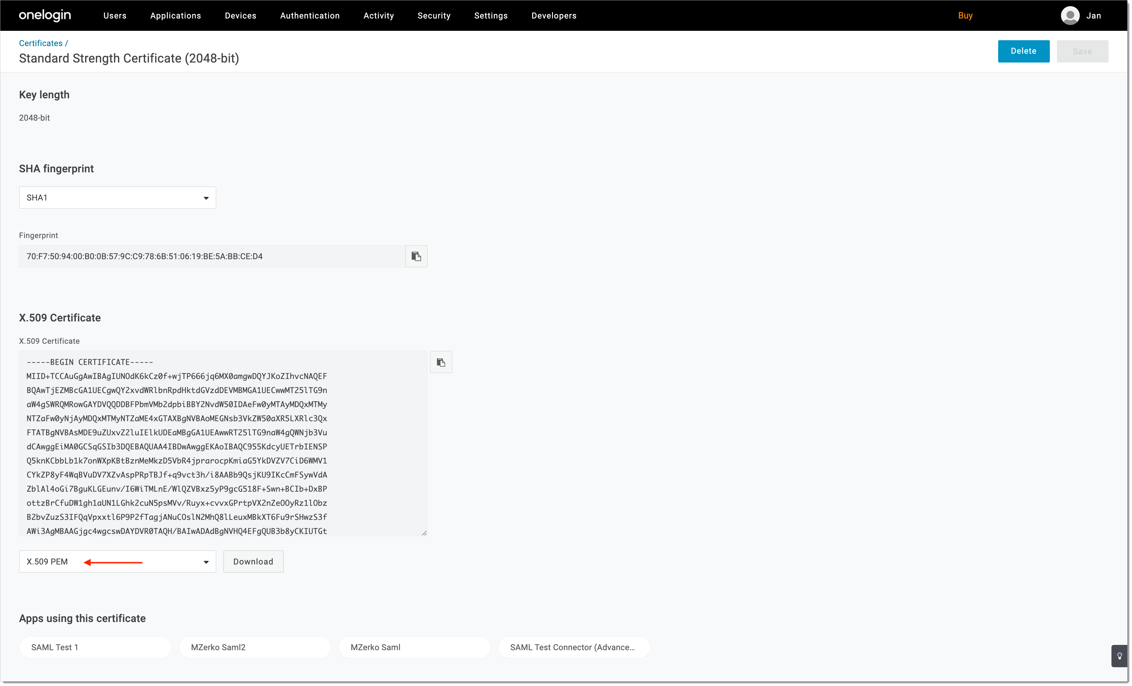 OneLogin certificate download page showing Standard Strength Certificate (2048-bit) in X.509 PEM format