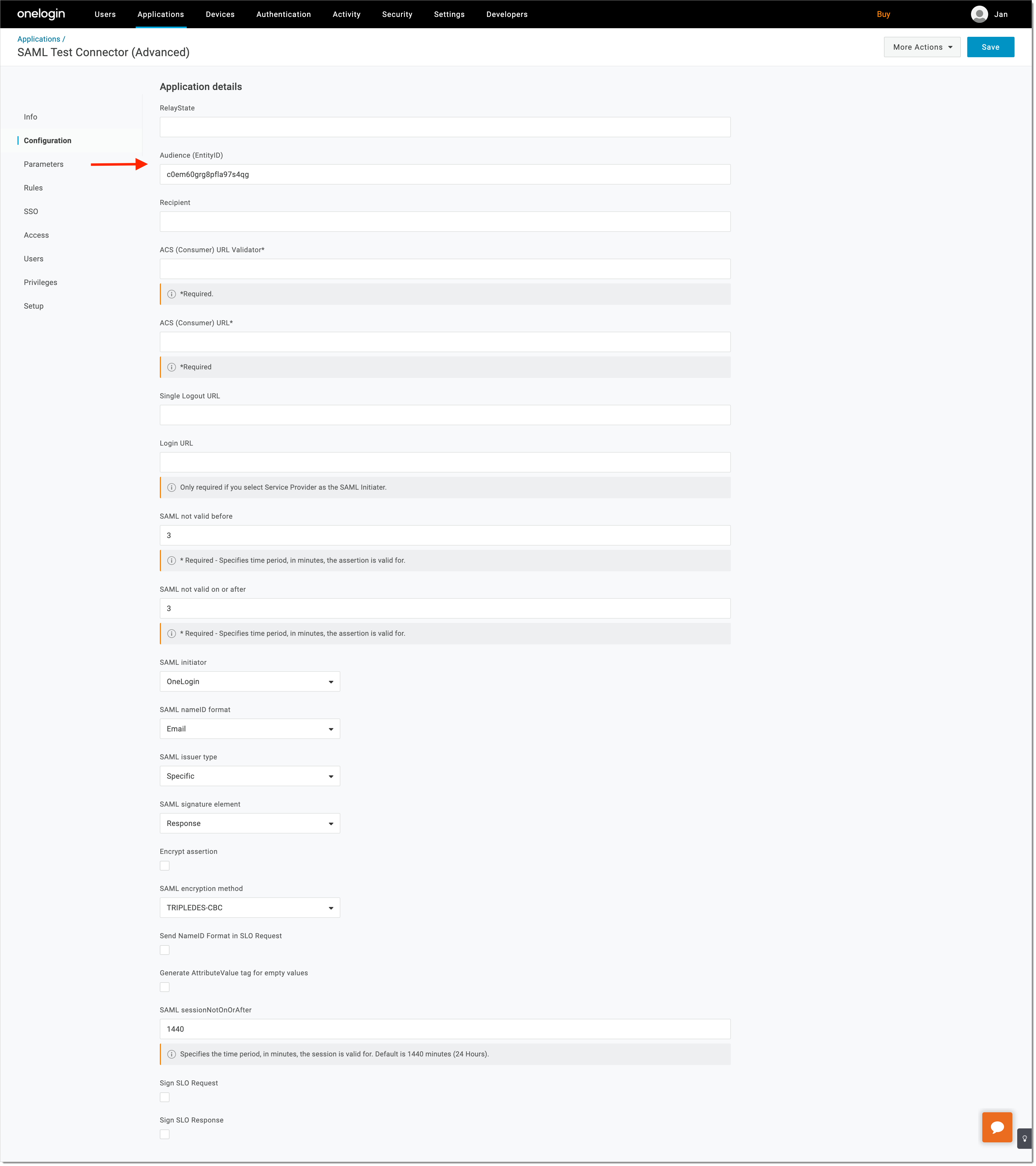 OneLogin Configuration view showing Audience (EntityID) field for entering SecureAuth entity issuer