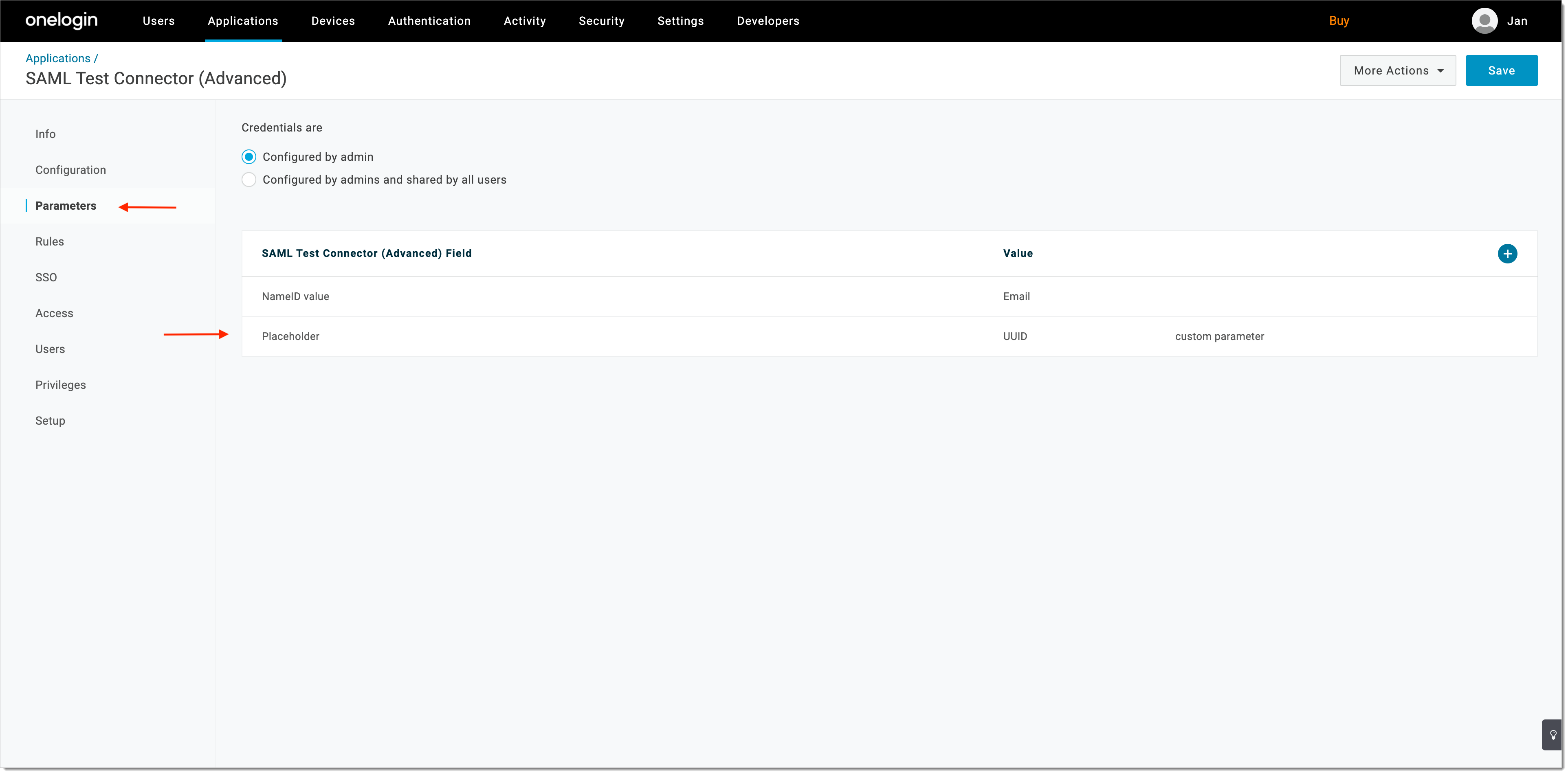 OneLogin Parameters view for configuring SAML assertion parameters