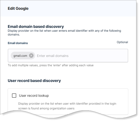 Edit provider configuration showing email domains field with "gmail.com" entered