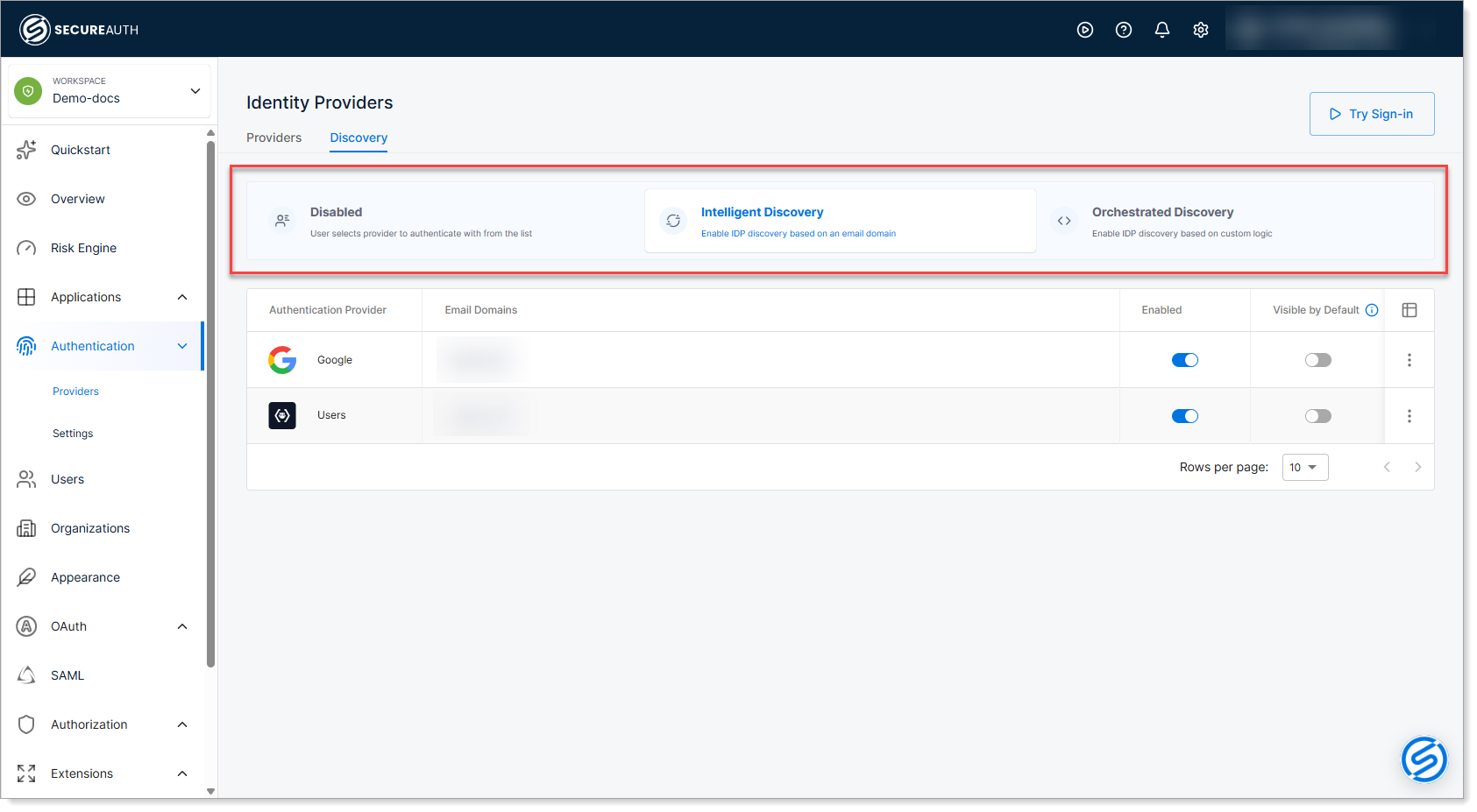Identity Providers Discovery tab showing three mode options: Disabled, Intelligent Discovery, and Orchestrated Discovery