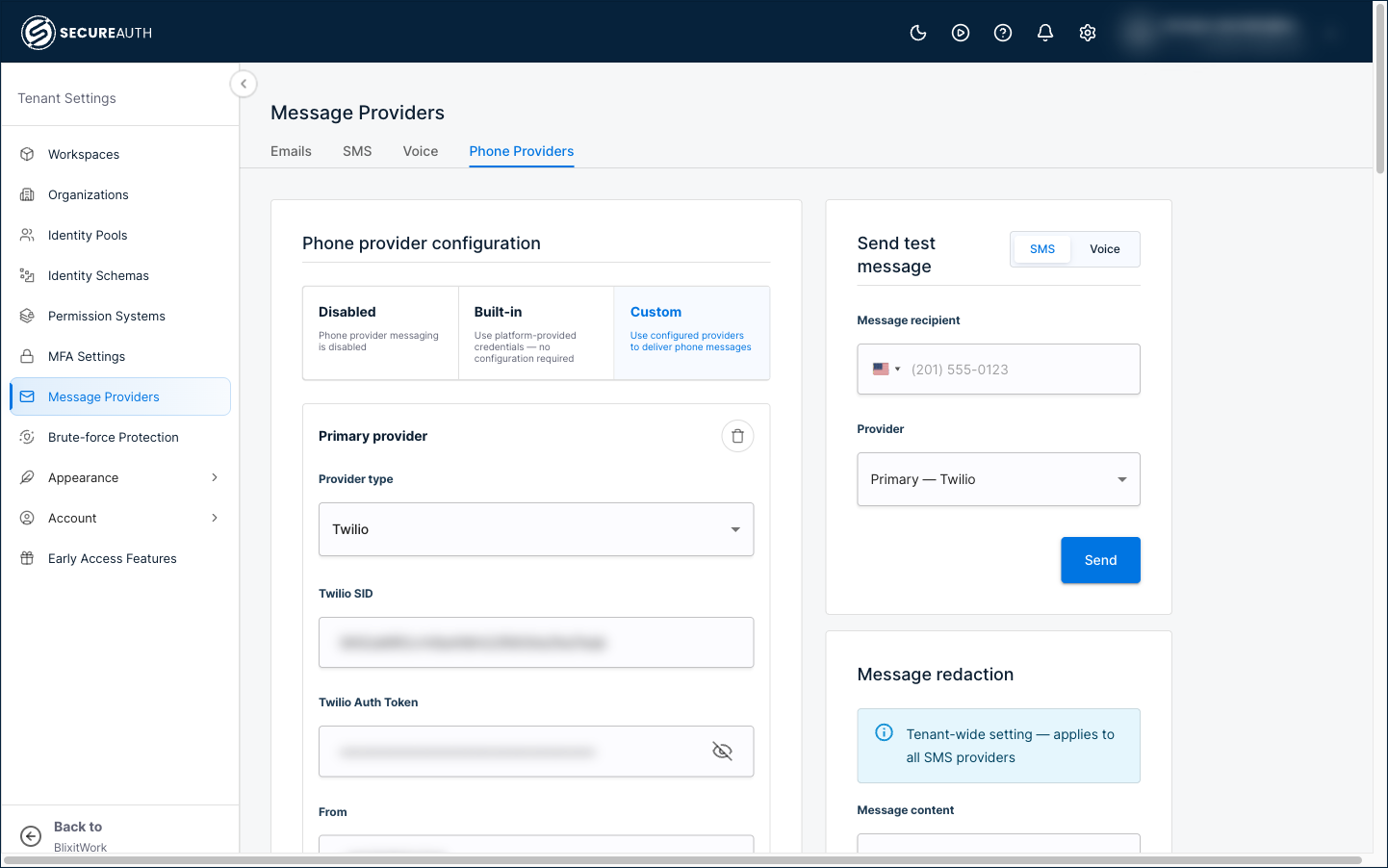 Phone Providers tab in Custom mode with the primary provider set to Twilio and the Send test message panel