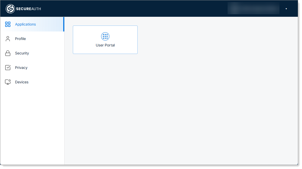 User Portal application menu showing Applications, Profile, Security, Privacy, and Devices options